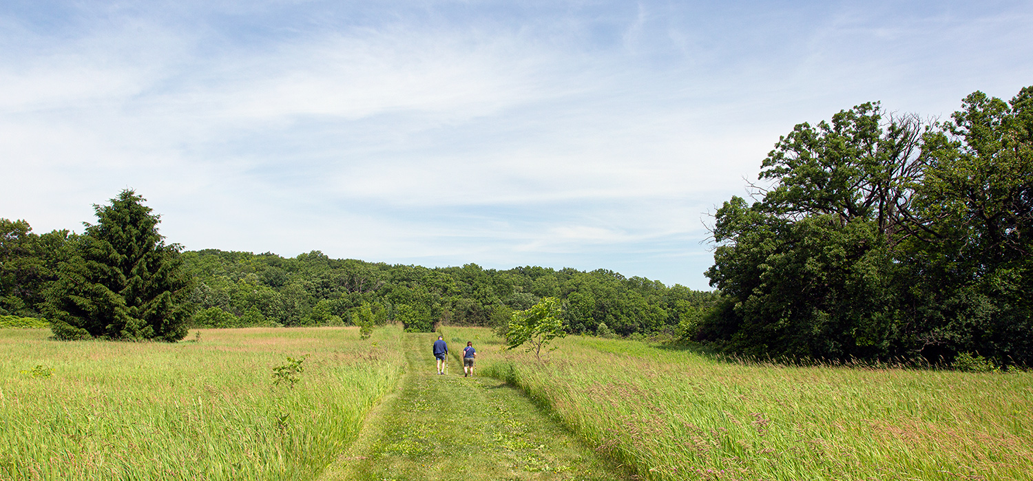 Two people walking along a wide path in an open field.