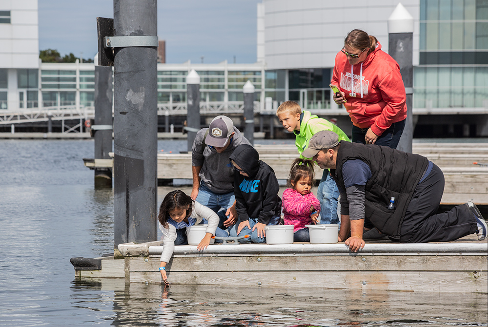 family on dock releasing sturgeon