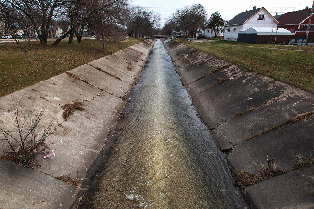 The view of the channelized river east from 16th Street.