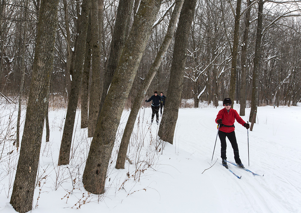 Cross-country skiers at Minooka Park, Waukesha, Waukesha County Parks