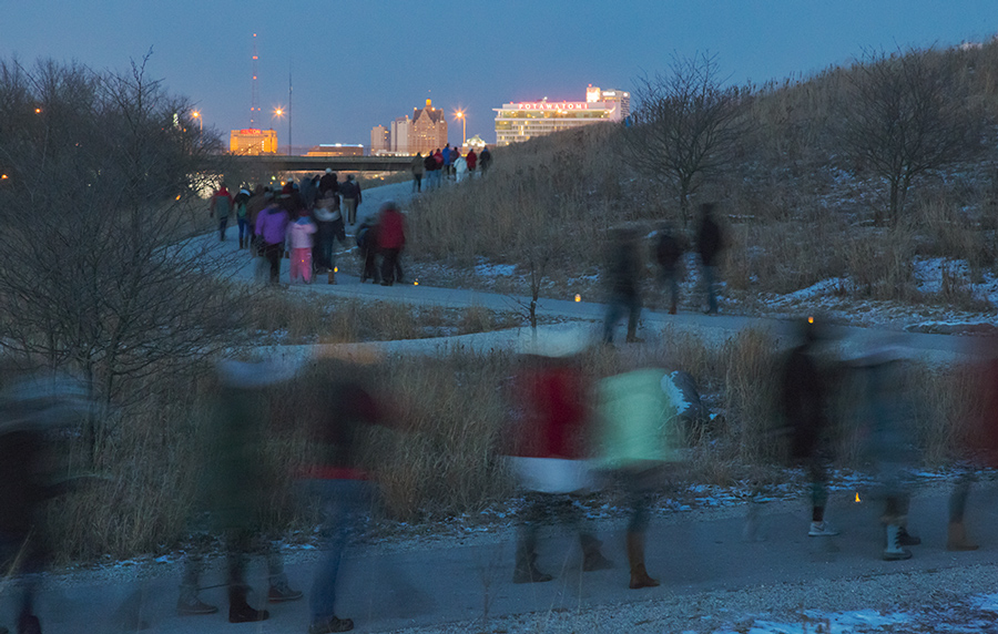 Urban Candlelight Hike at Three Bridges Park, Milwaukee, designed by Wenk and Associates