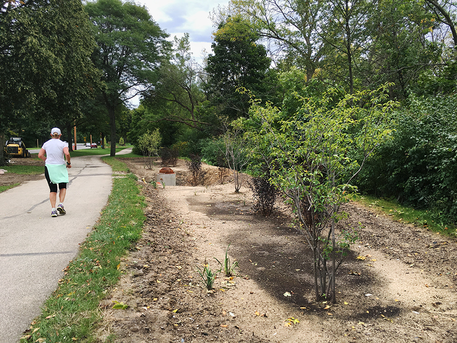 Newly constructed stormwater bio-swale along Menomonee RIver Parkway in Wauwatosa.