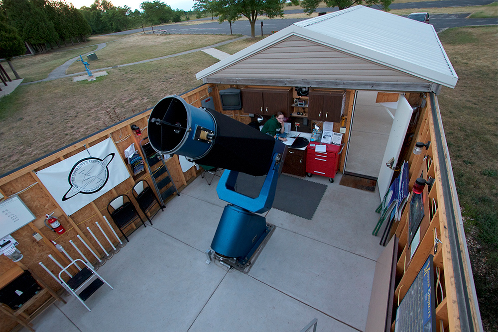 The telescope and interior of the observatory with its roof open