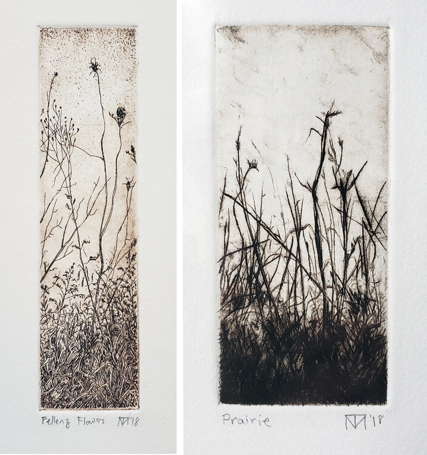 Left: Fellenz Flowers, etching. Right: Prairie, drypoint.