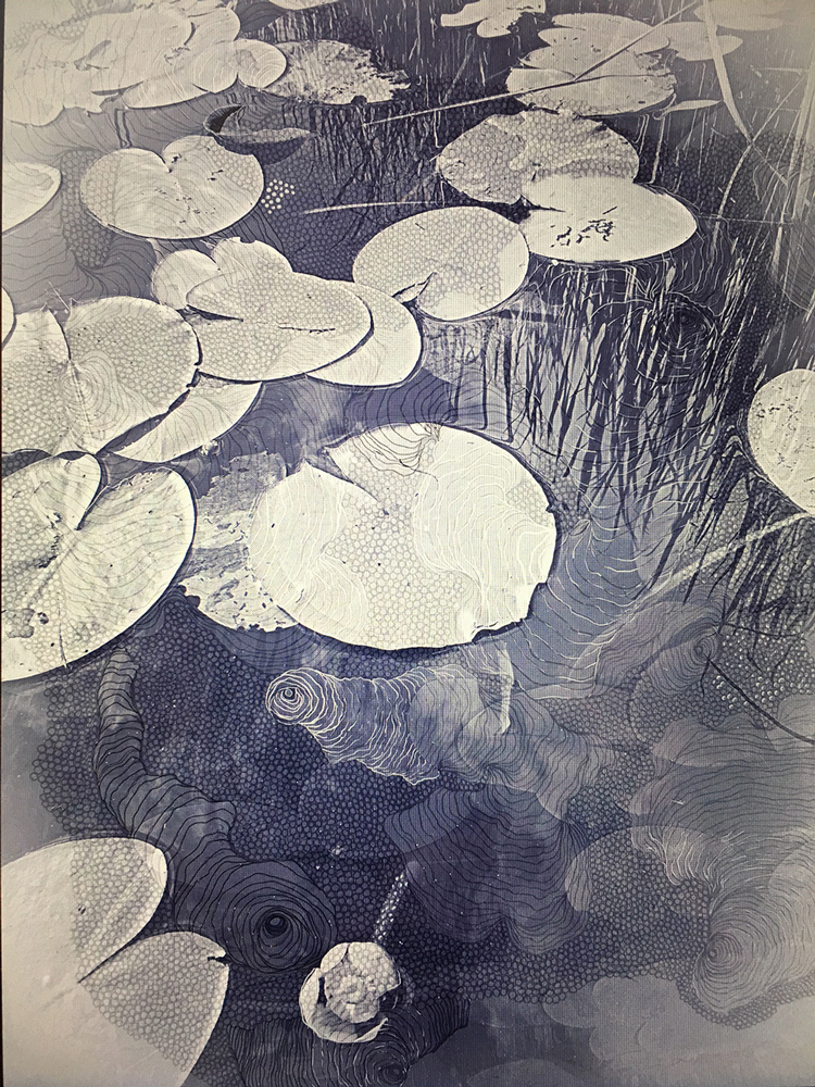 drawing and mixed media artwork of lily pads