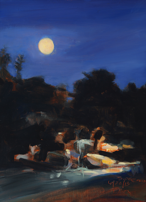 oil painting of landscape at night with moon