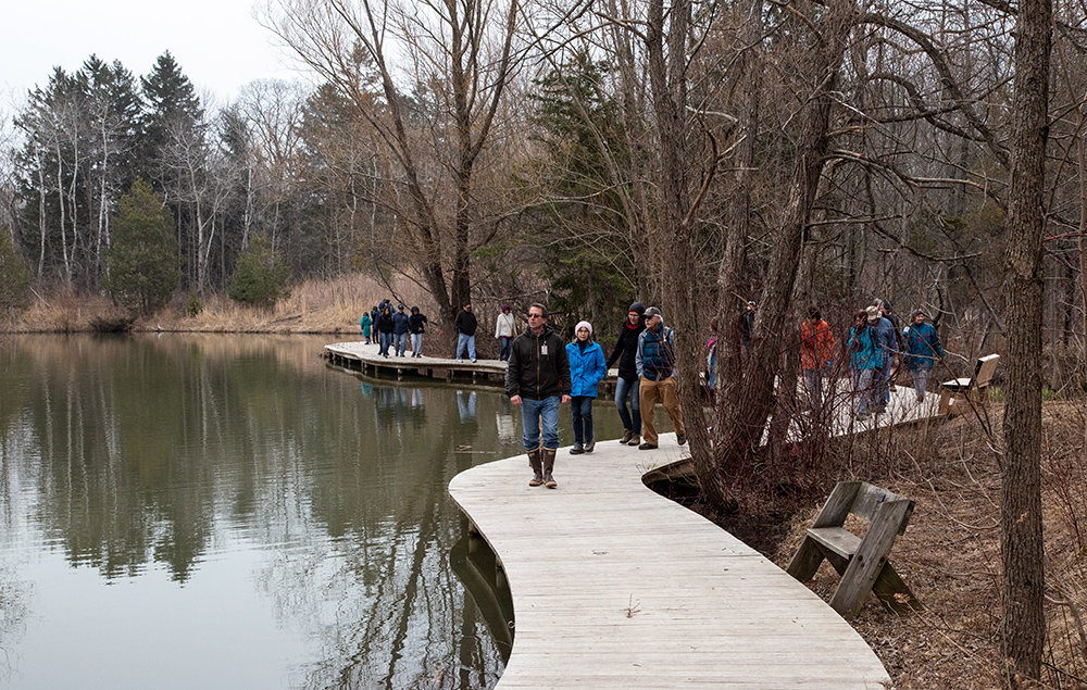 group walking along Mystery Lake boardwalk