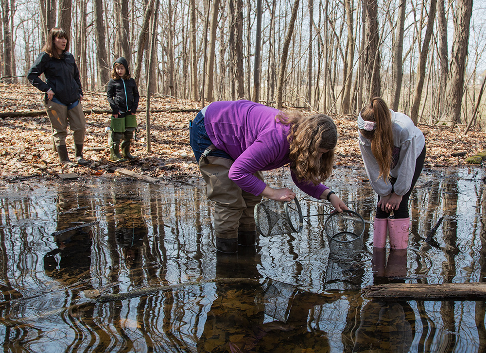 Jess and Aramae check a trap as Emilie and Iva look on