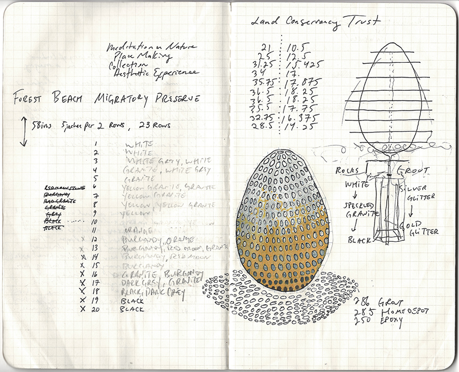 A page of the artist's notebook with a sketch of an egg-shaped sculpture and notes