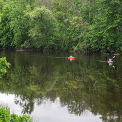 two kayakers on the Milwaukee River next to the wooded shore