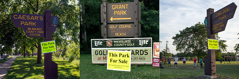 Caesar's Park, Grant Park and Zablocki Park signs with "For Sale" signs attached to them