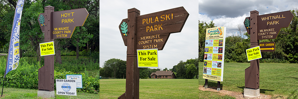 Hoyt Park, Pulaski Park and Whitnall Park signs with "For Sale" signs attached to them