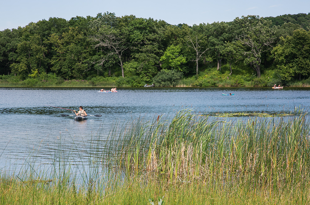 boaters and swimmers on a lake with a forested shore