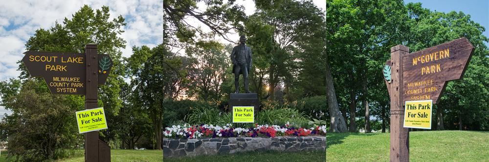 Scout Lake Park and McGovern Park signs with "For Sale" signs attached to them and Sheridan Park statue with "For Sale" sign in front of it