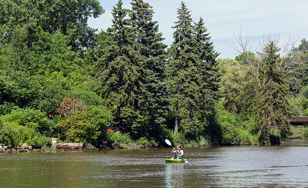 A kayak on the Milwaukee River at the wooded shore of Turtle Park near downtown Milwaukee