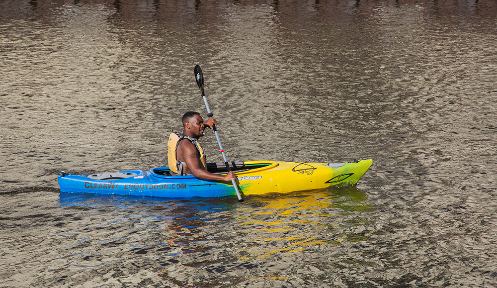 a male kayaker paddling 