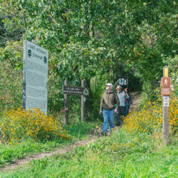 Three hikers emerge from the woods at the trail head to the Monches Segment of the Ice Age Trail