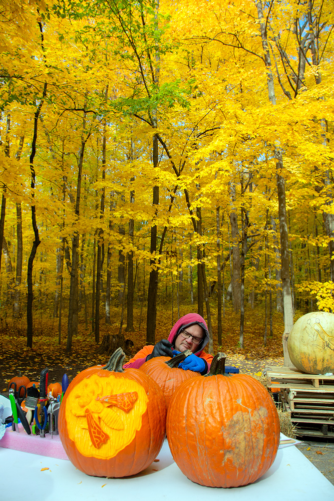 man carving pumpkins at Milwaukee County Zoo