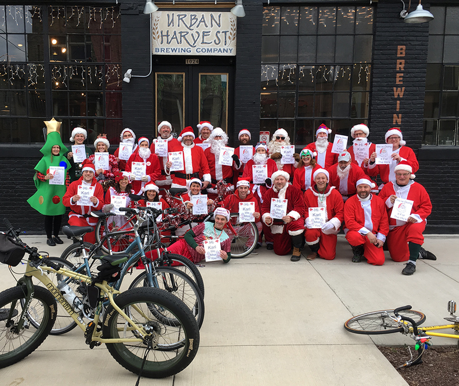 group photo of "santas" at Urban Harvest Brewing Company just before the Santa Rampage began