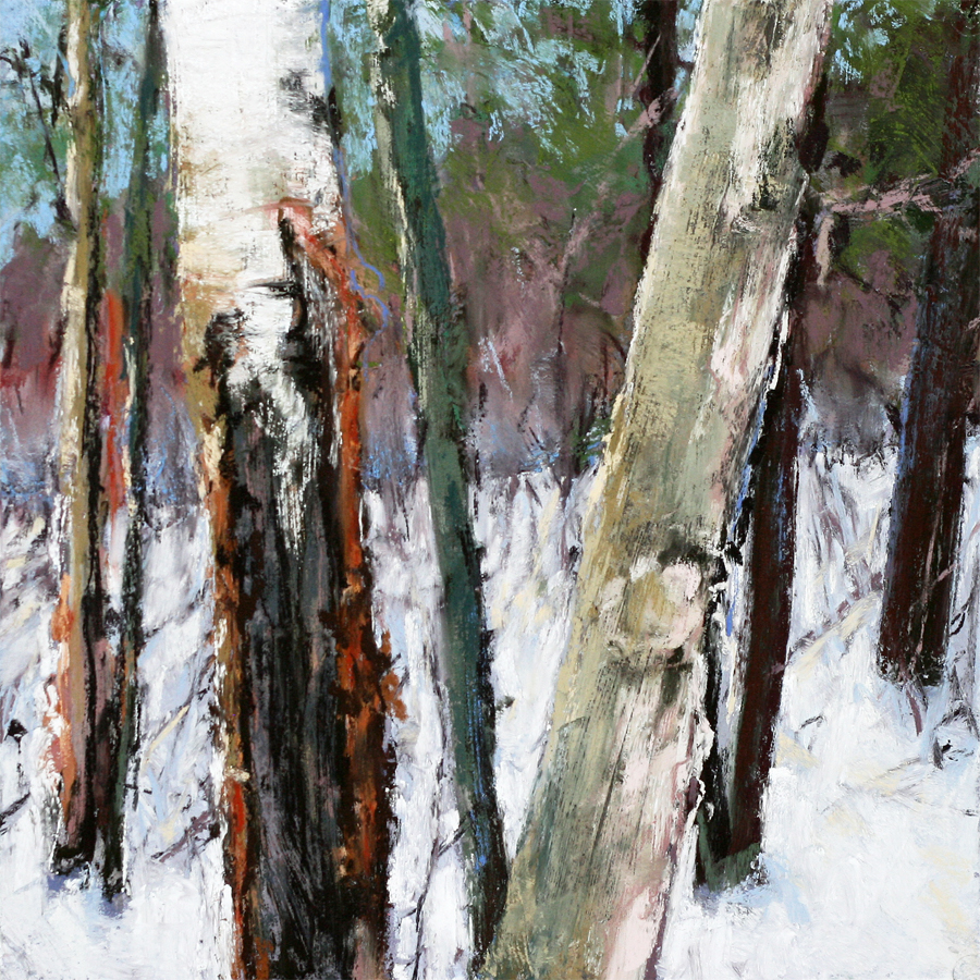 pastel painting of tree trunks