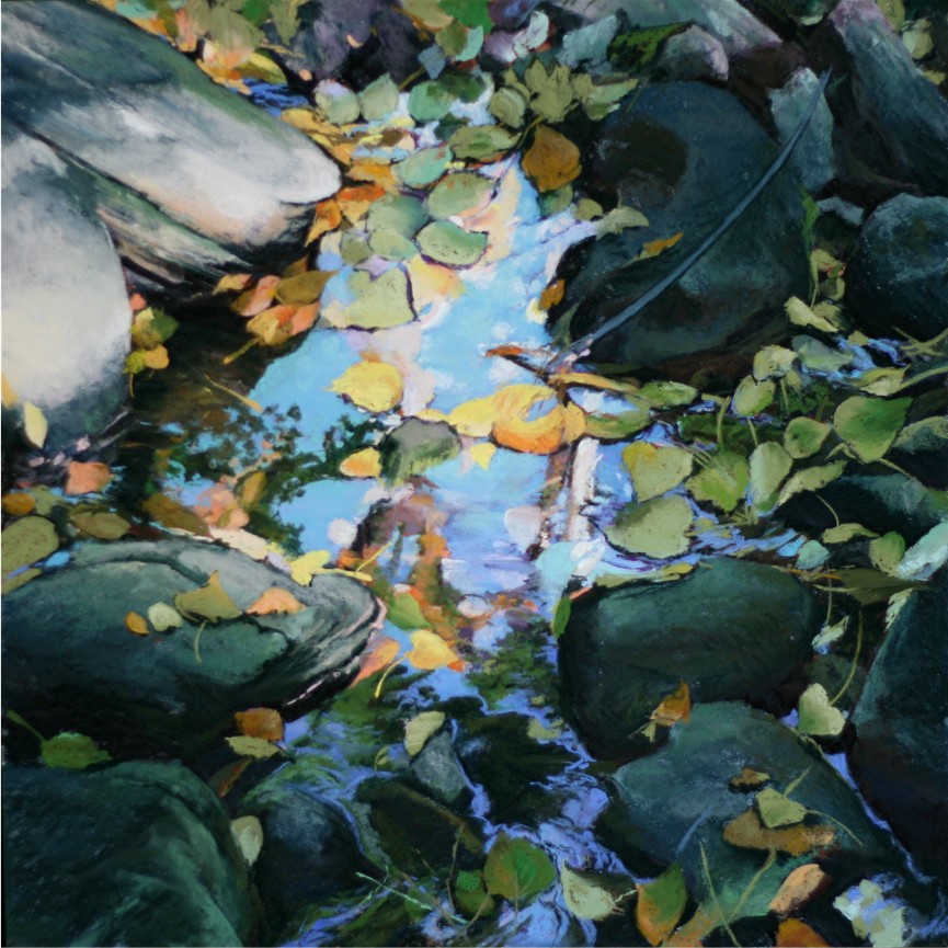 pastel painting of rocks and leaves