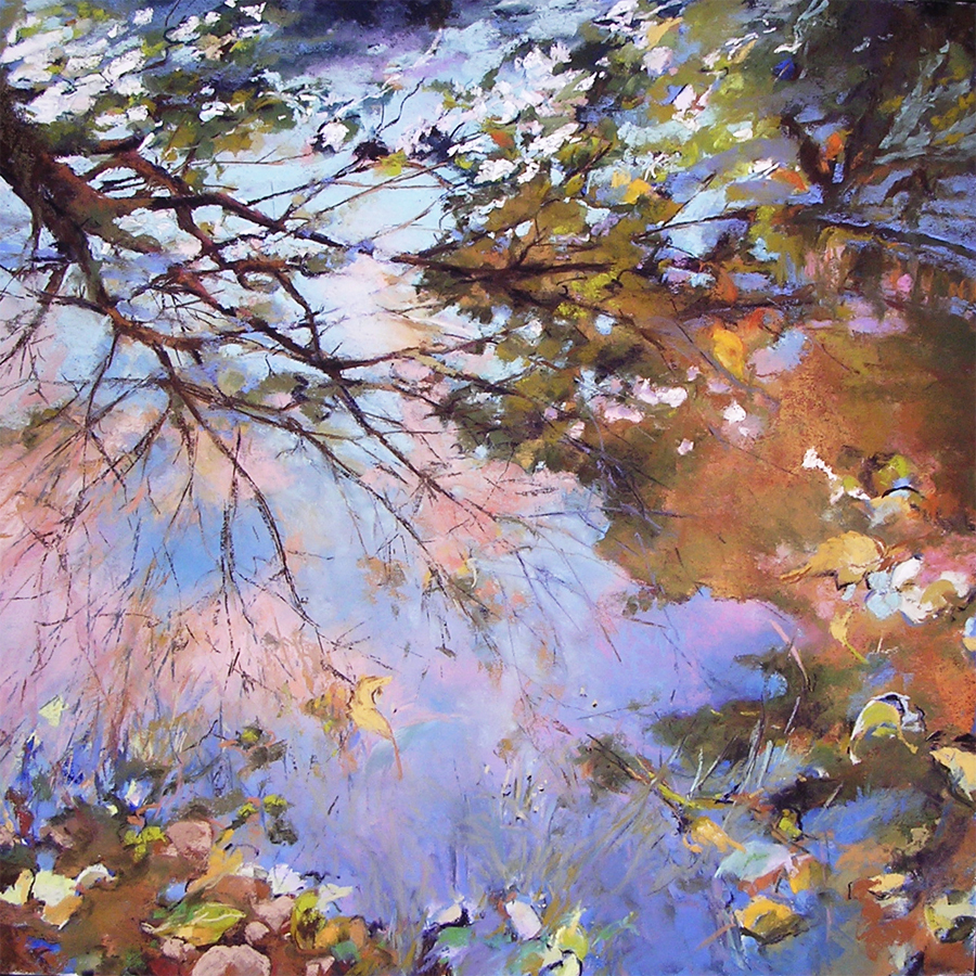 pastel painting of a reflection on water of trees