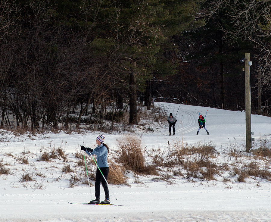 Three cross country skiers on two intersecting wooded trails.