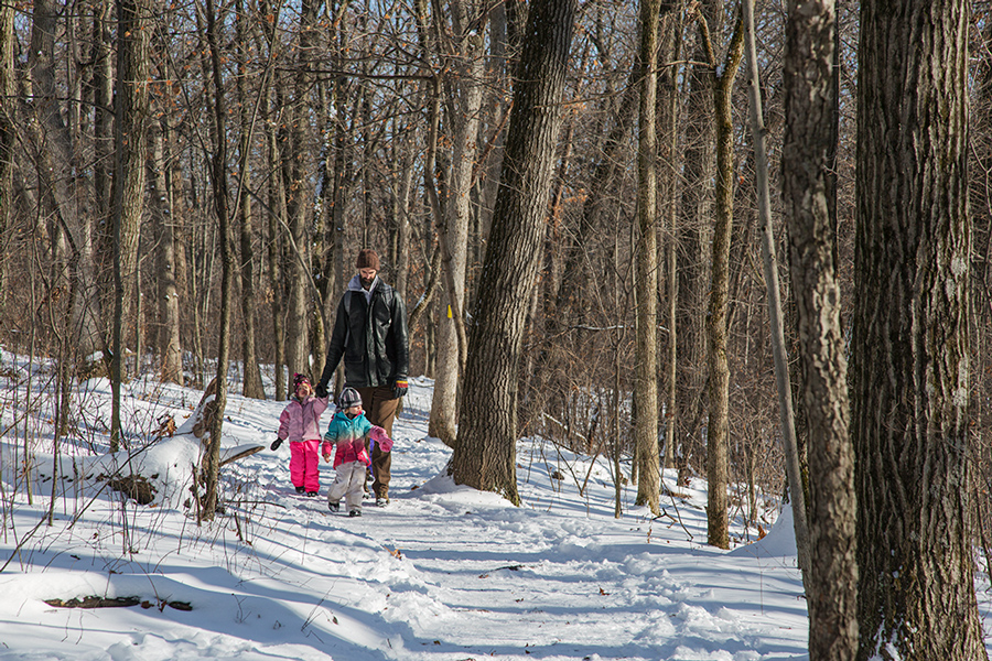 A tall man with two young girls hiking on the Ice Age Trail