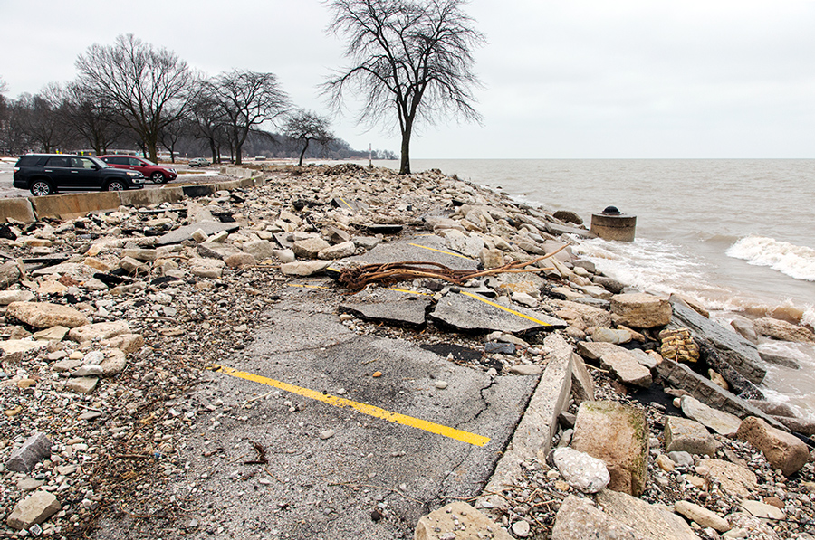 damage to parking lot at North Point on Milwaukee lakefront