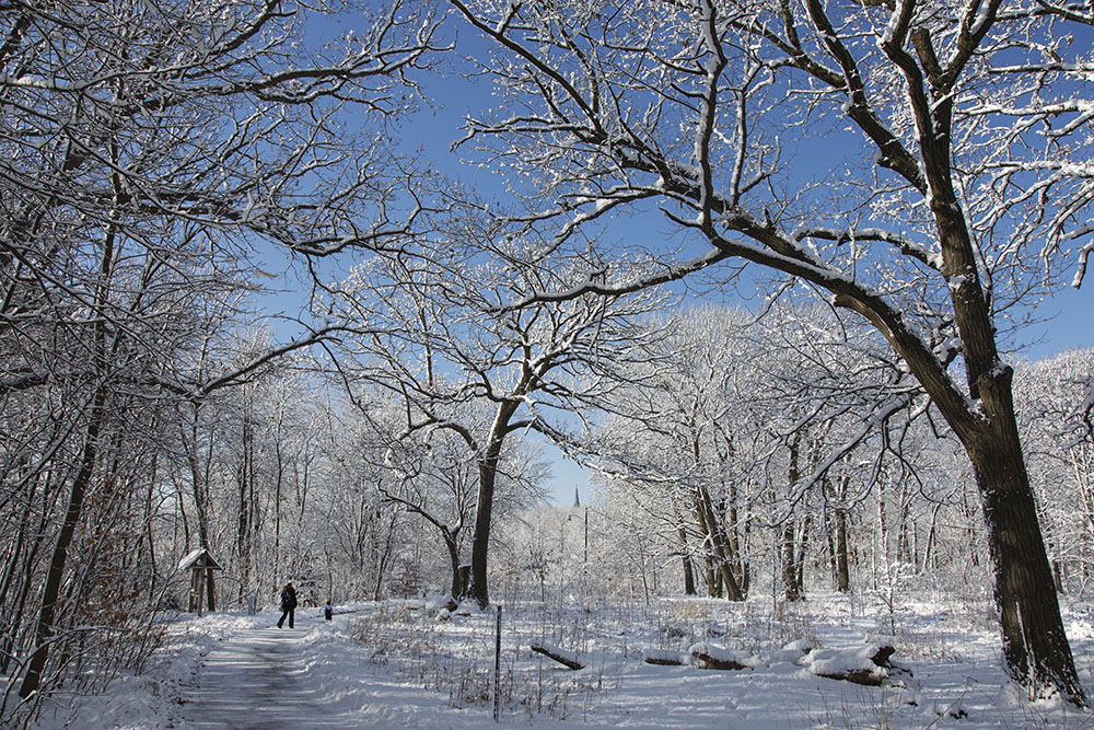 Mother and daughter in snow-covered Riverside Park