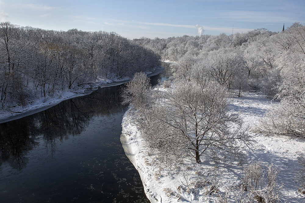 View of Gordon and Riverside Parks from Locust Street in winter snow