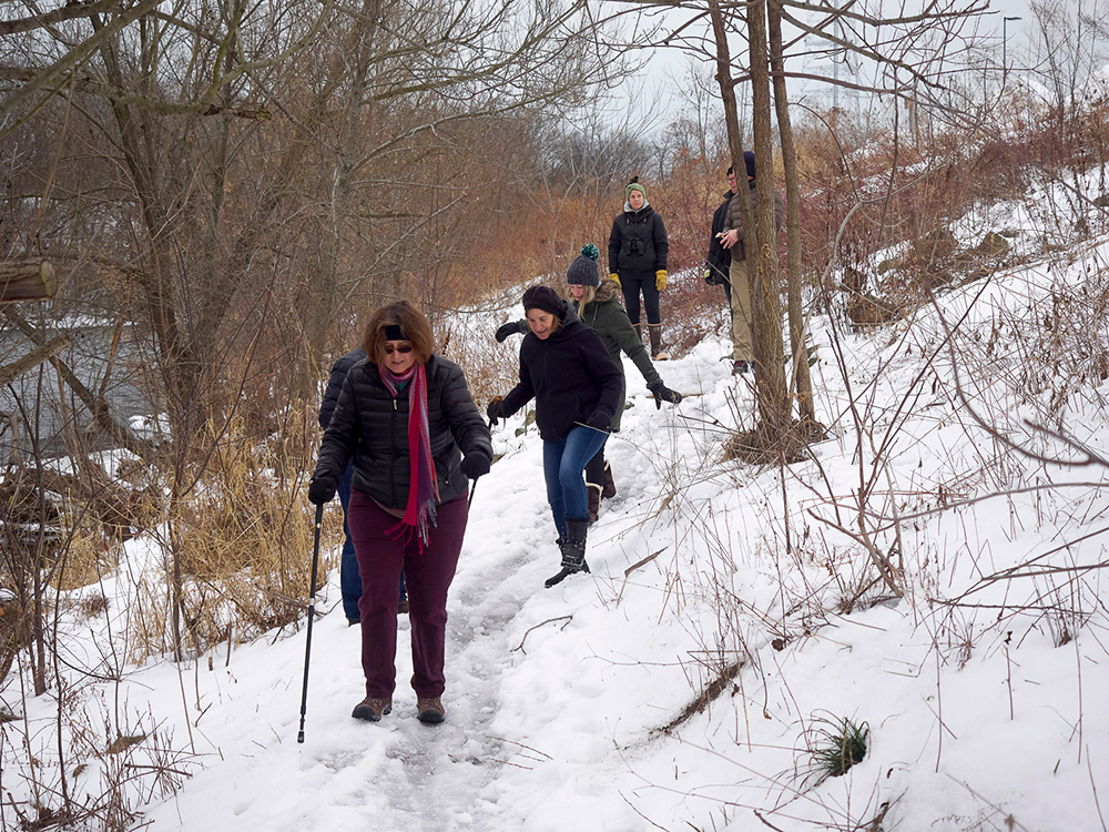 Hikers on the icy west bank trail