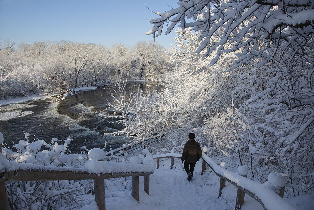 Heading down the stairs to the Estabrook Falls