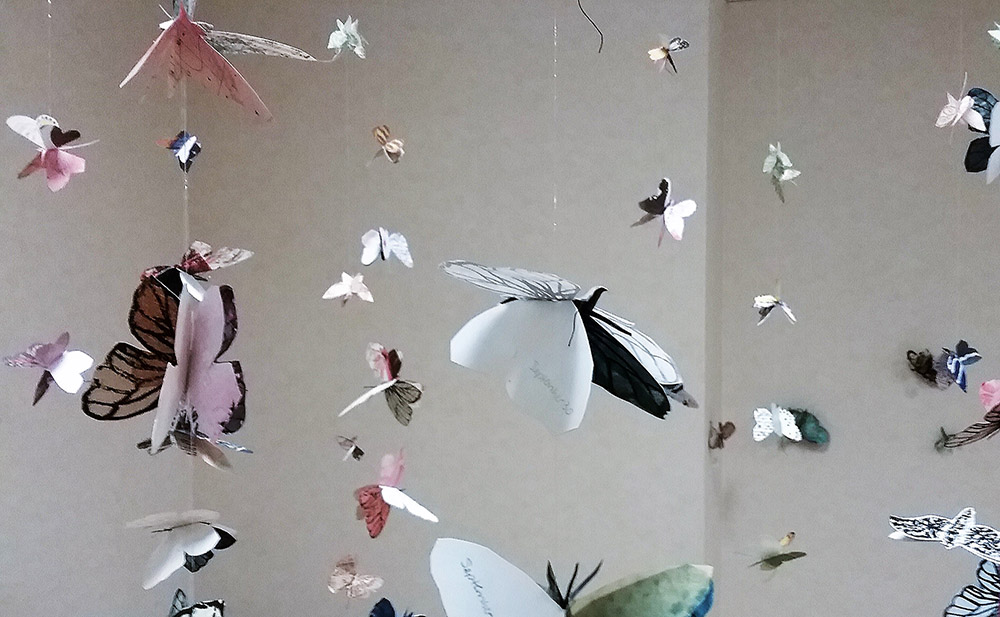 Installation view of suspended butterfly books at Alfons Gallery