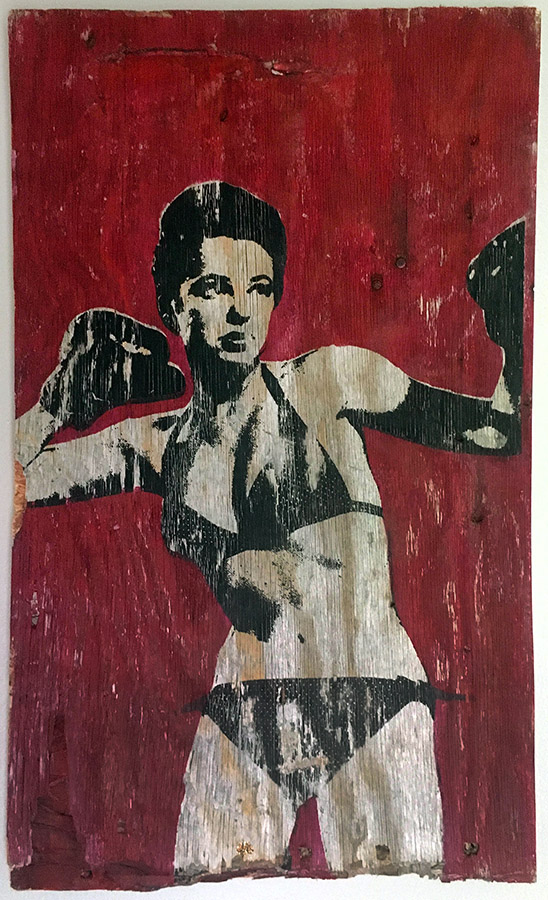 "Boxer," spray paint on found panel.