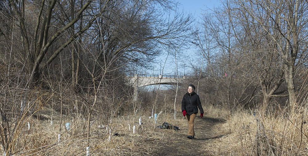 Glenda Puhek walking in the Milwaukee River Greenway