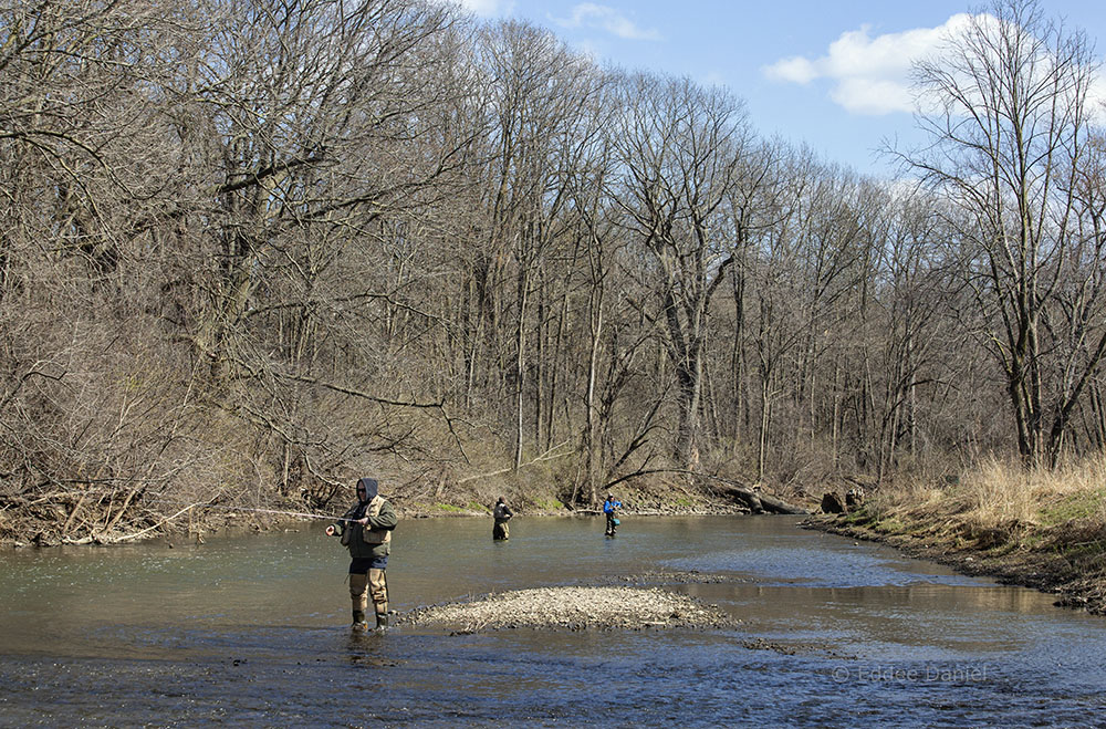 Trio of fishermen, Root River, Lincoln Park, Racine