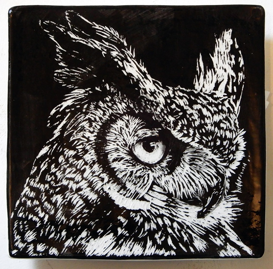 "Owl," ceramic sgraffito tile