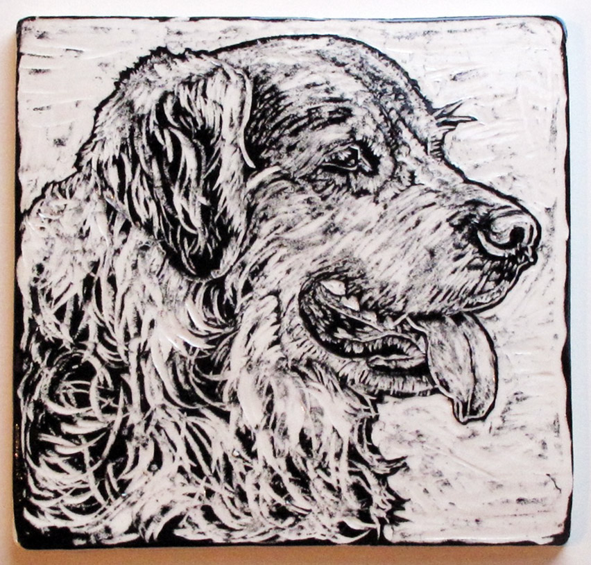 Canine pet portrait commission, ceramic sgraffito tile