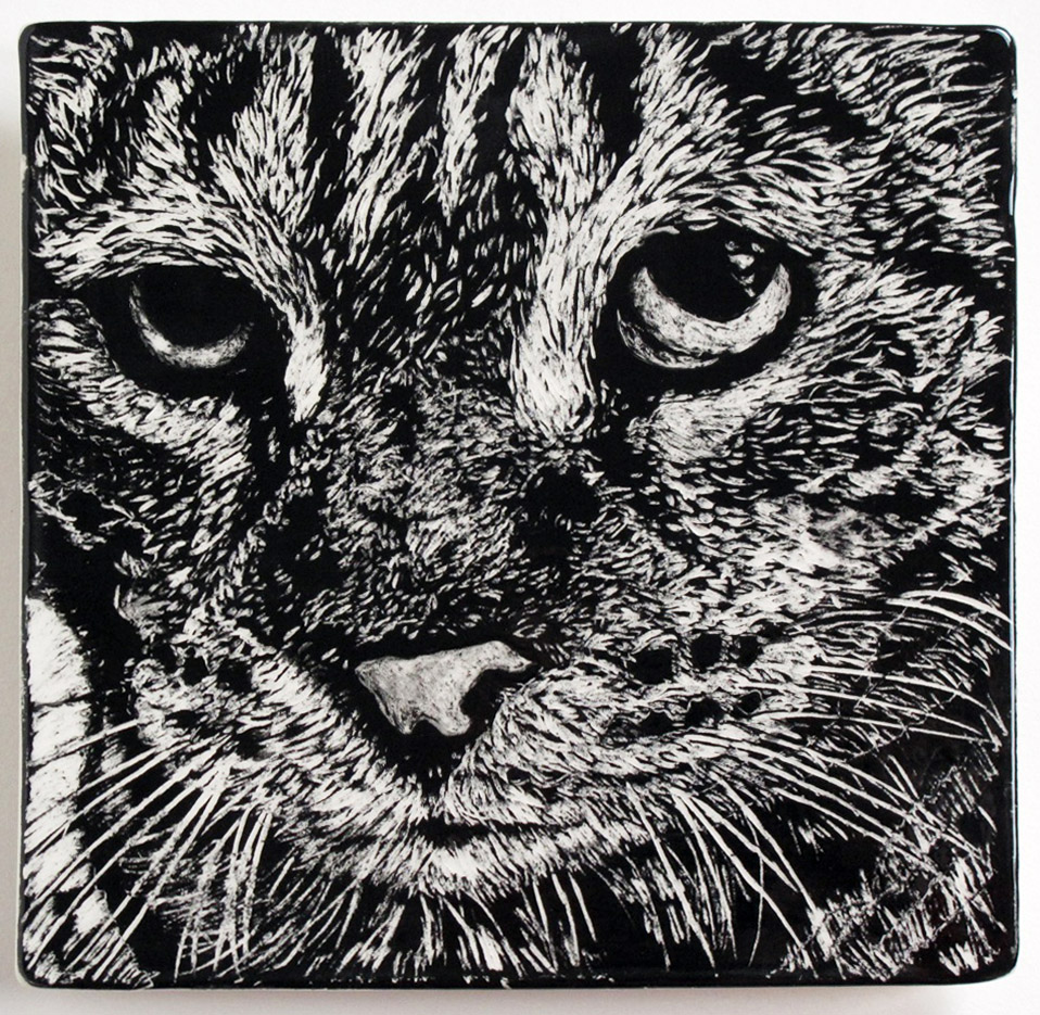 "Pooh Cat," ceramic sgraffito tile