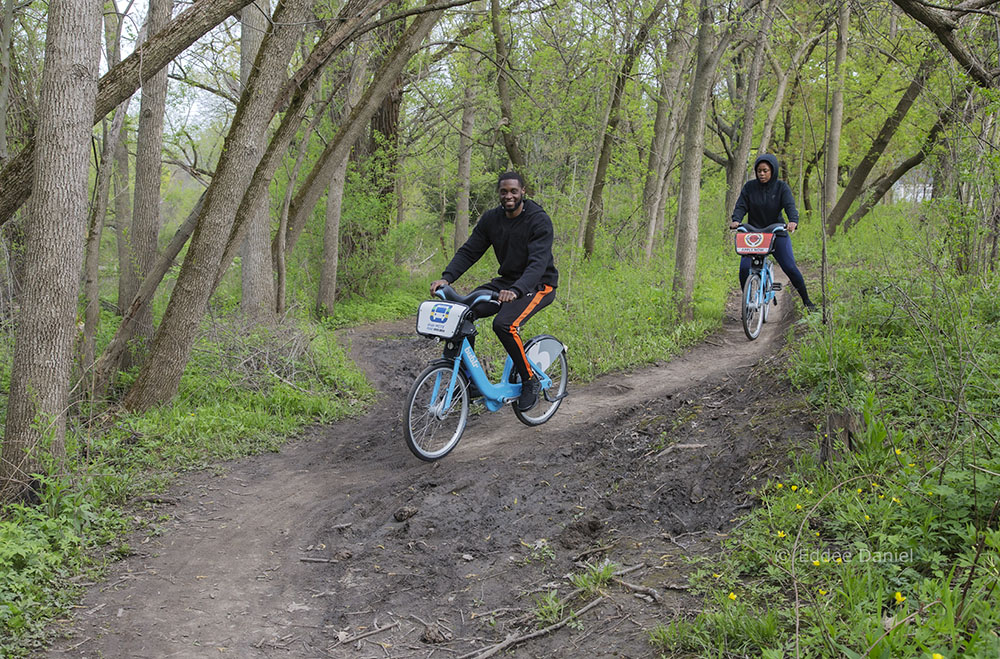 Elgin and Penny on Bublr bikes, Hoyt Park Mountain Bike Trail, Wauwatosa