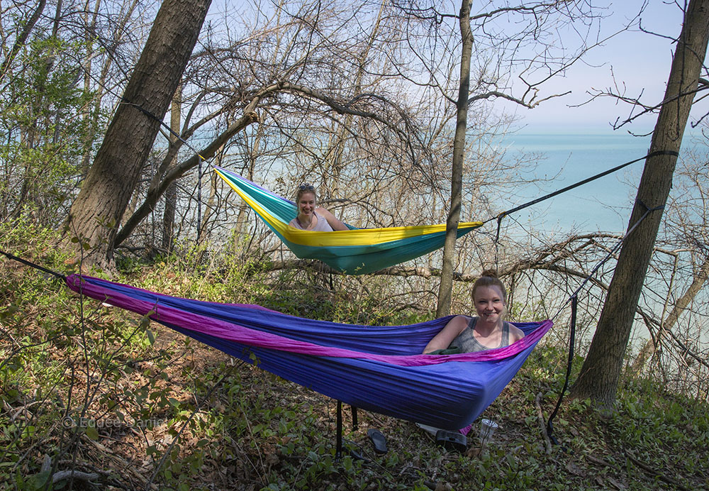 Lindsay and Ashley enjoying a lake view in their hammocks, Donges Bay Gorge Nature Preserve, Mequon