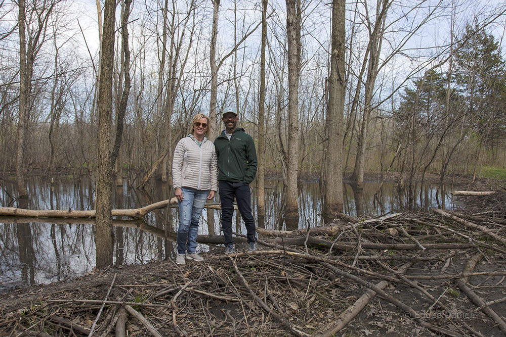 Michelle and Richard atop a beaver dam, Muskego Park