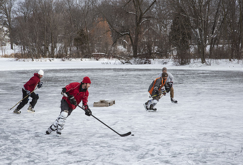 Hockey practice on the lagoon in Humboldt Park, Milwaukee.