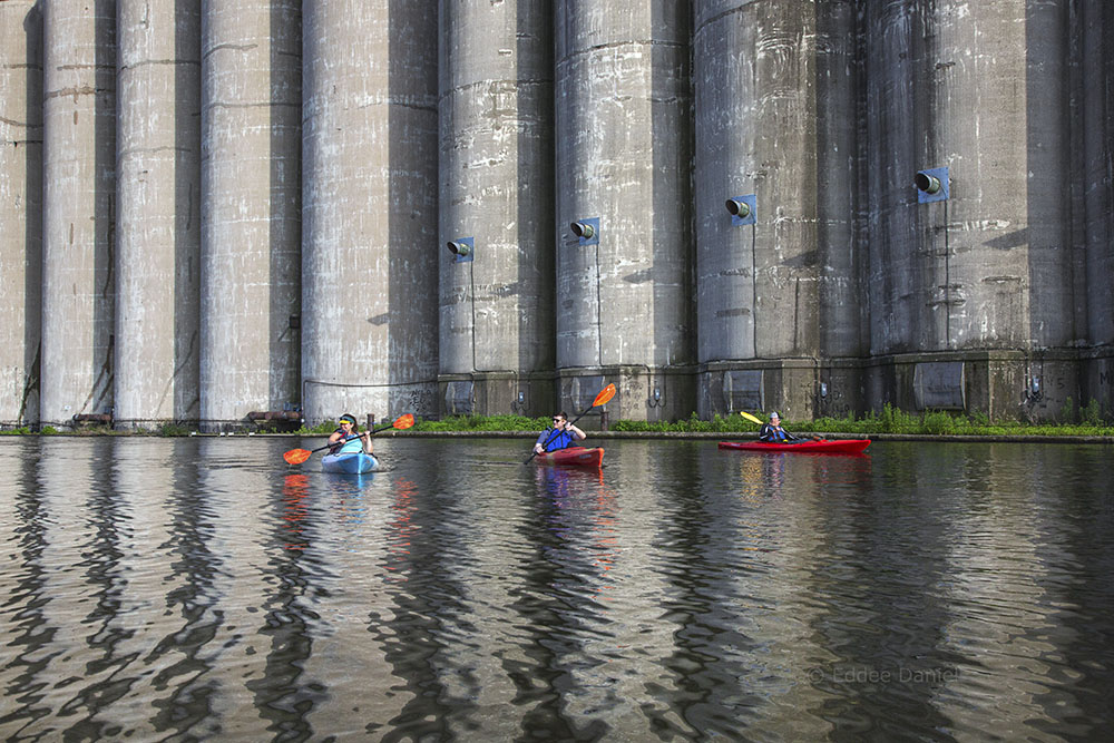 Passing by the enormous grain silos.