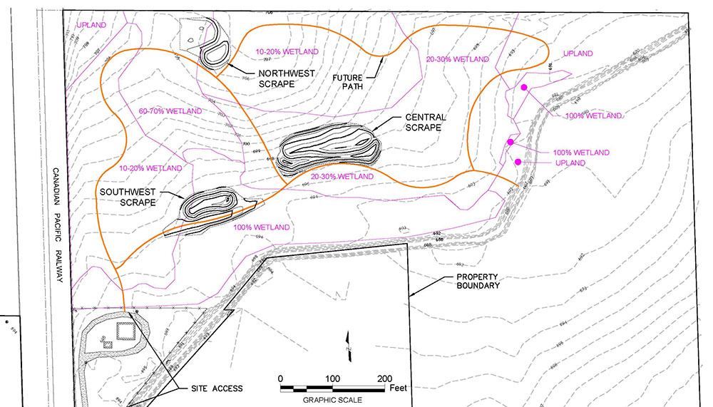 Site plan for restoration of wetlands, prairie, oak savanna, and trail features (orange) at Gitzlaf Park. 