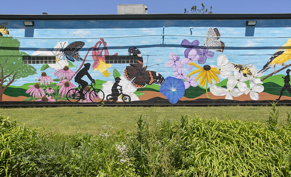 Kelmann Restoration mural (detail), near west end of Trail. 2020.