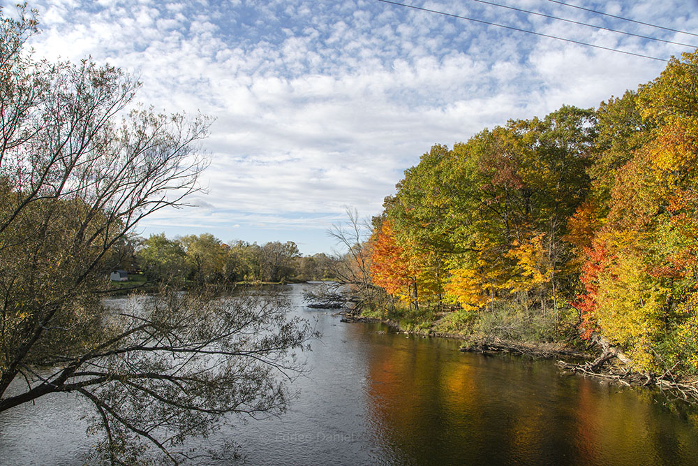 Milwaukee River and Entrance to Bratt Woods State Natural Area from the Interurban Trail Bridge.