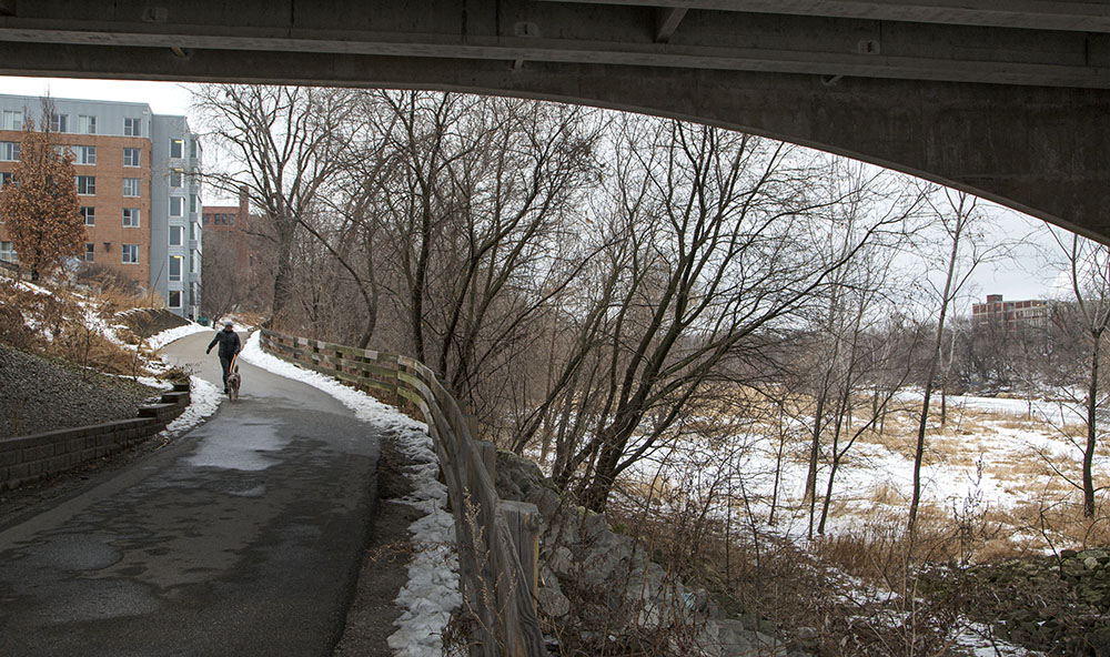 The Beerline Trail at North Avenue leading up to the top of the bluff and Gordon Park