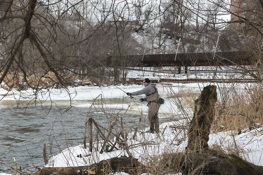 Fishing the flume upstream from the pedestrian bridge